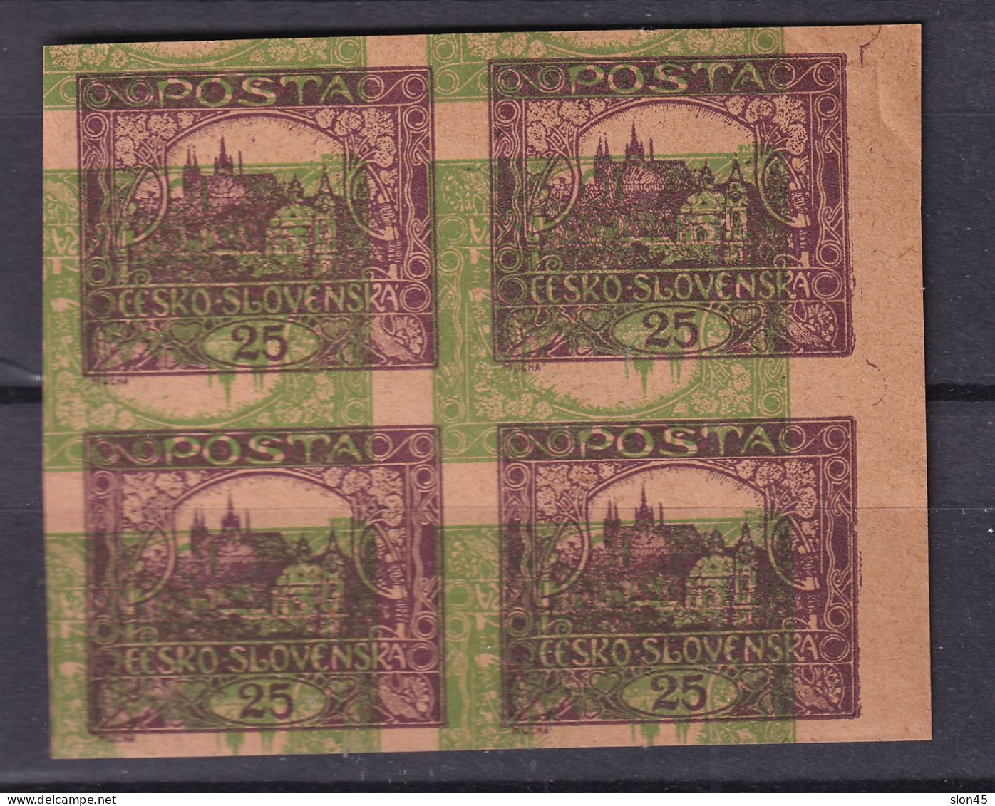 Czechoslovakia 1919 25h Violet Imperf Double Print MNG Block Of 4 16079 - Erreurs Sur Timbres