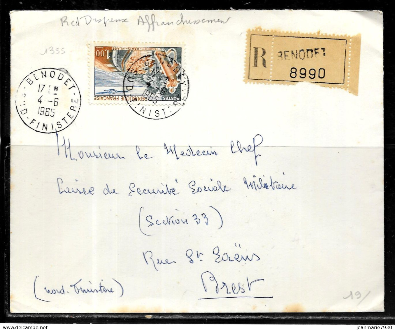 F264 - N° 1355 SUR LETTRE RECOMMANDEE DE BENODET DU 04/06/65 - Lettere In Franchigia Civile