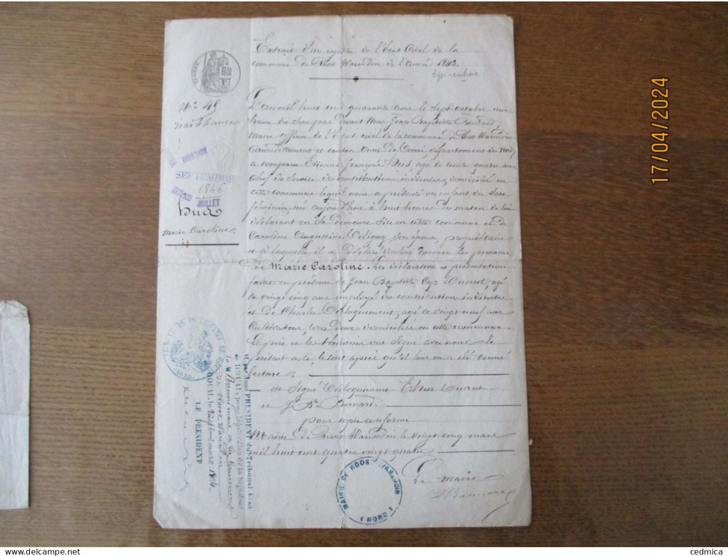 ROOST WARENDIN LE 7 OCTOBRE 1843 LE MAIRE JEAN BAPTISTE BERNARD ACTE DE NAISSANCE DE MARIE CAROLINE ETIENNE - Documents Historiques