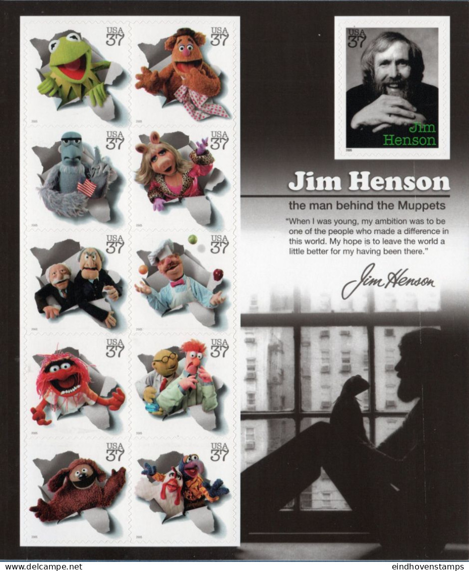 USA 2005 Jim Henson, The Muppets Foil Sheet MNH, Kermit, Miss Piggy, Eagle Sam, Fozzie Bear, Statler & Waldorf - Teatro