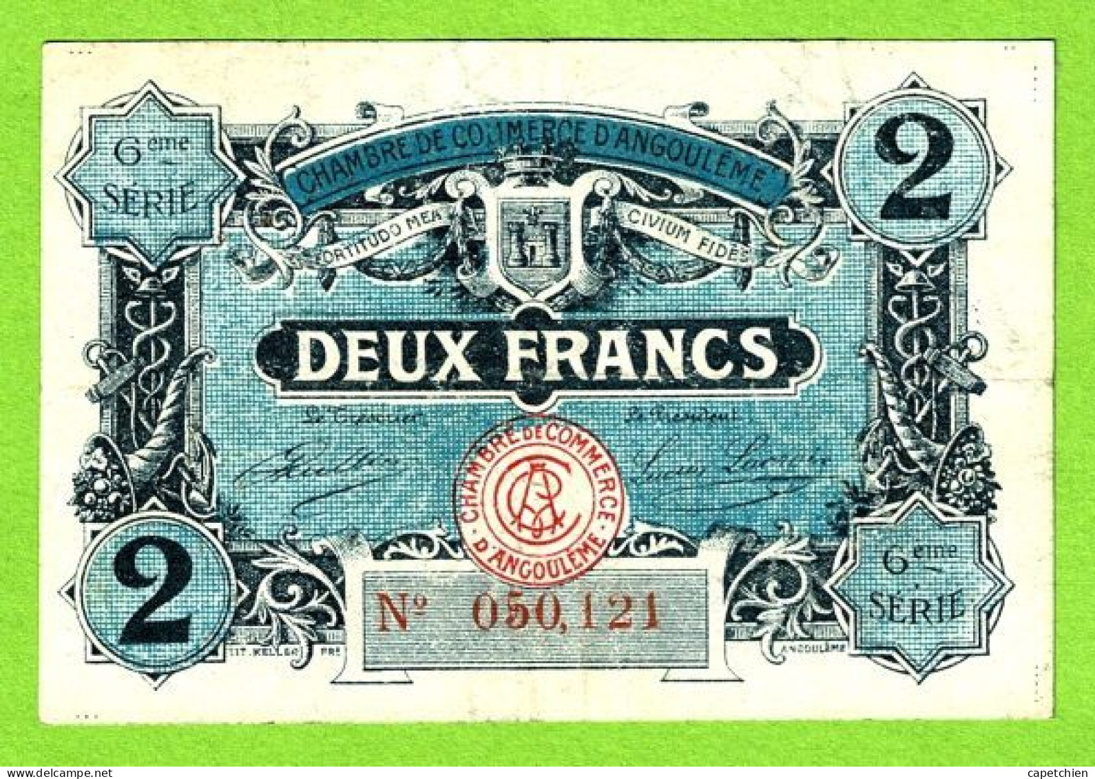 FRANCE / CHAMBRE De COMMERCE D,ANGOULÊME / 2 FRANCS/ 14 JANVIER 1920 / N° 050,121 / 6eme SERIE - Chamber Of Commerce