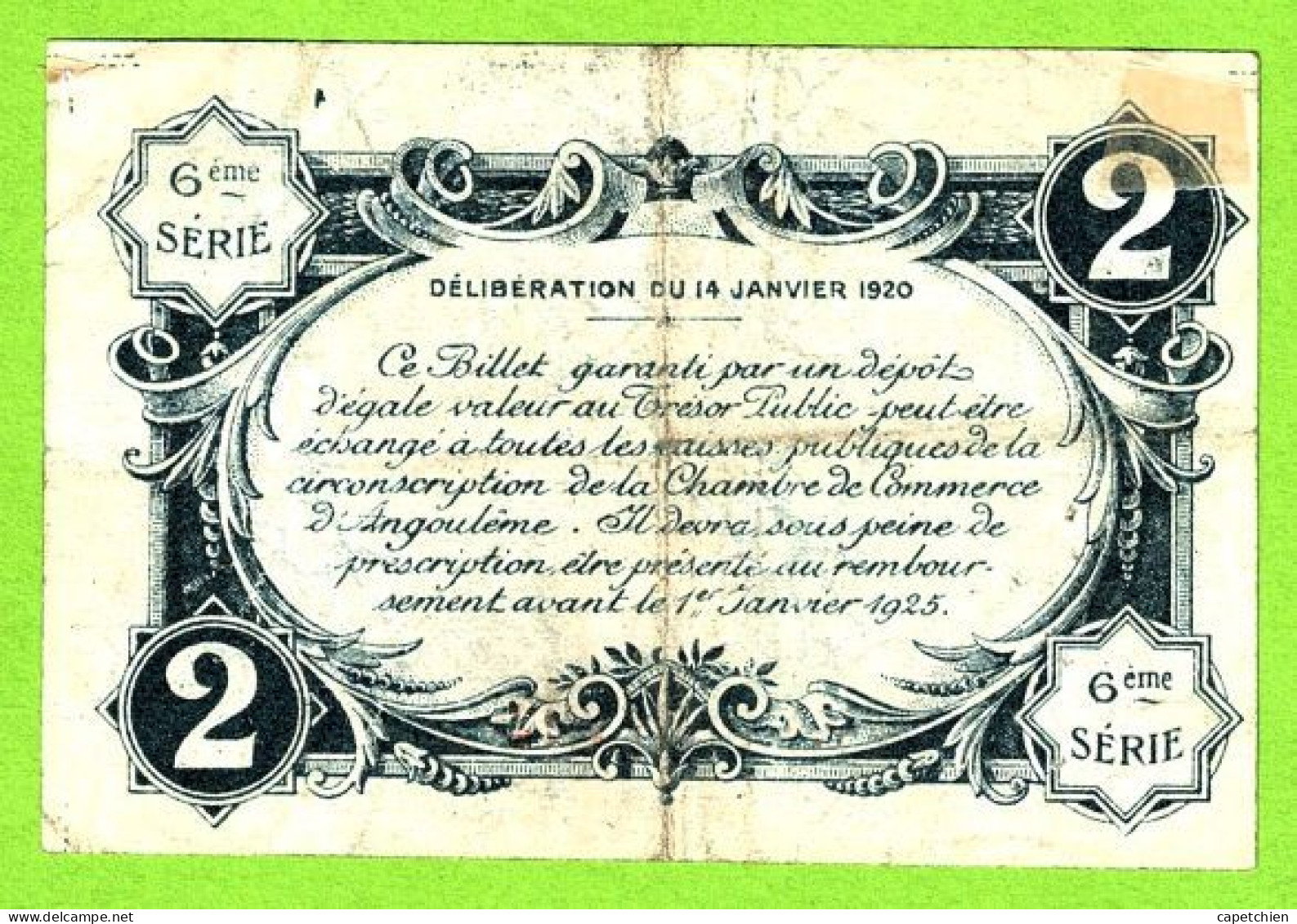 FRANCE / CHAMBRE De COMMERCE D,ANGOULÊME / 2 FRANCS/ 14 JANVIER 1920 / N° 050,121 / 6eme SERIE - Chamber Of Commerce