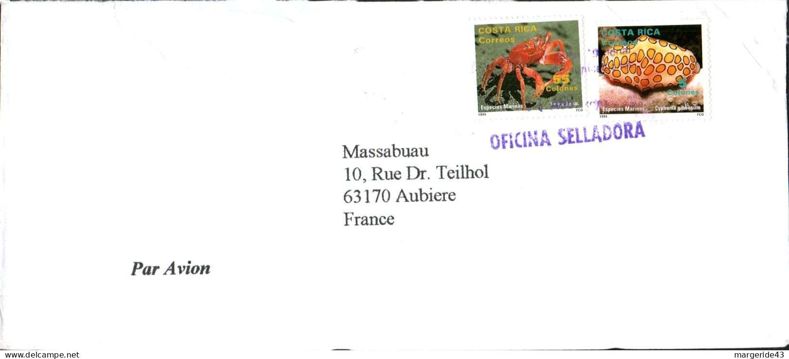 COSTA RICA AFFRANCHISSEMENT COMPOSE SUR LETTRE POUR LA FRANCE 1994 - Costa Rica