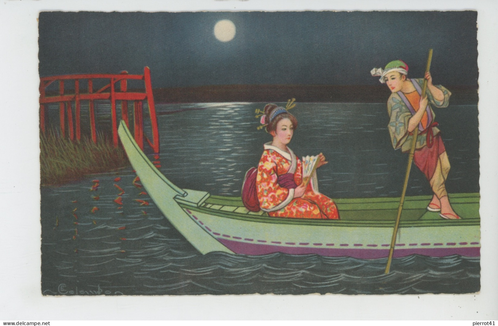 Illustrateur COLOMBO - Jolie Carte Fantaisie Couple Amoureux Japonais Dans Gondole La Nuit - Colombo, E.