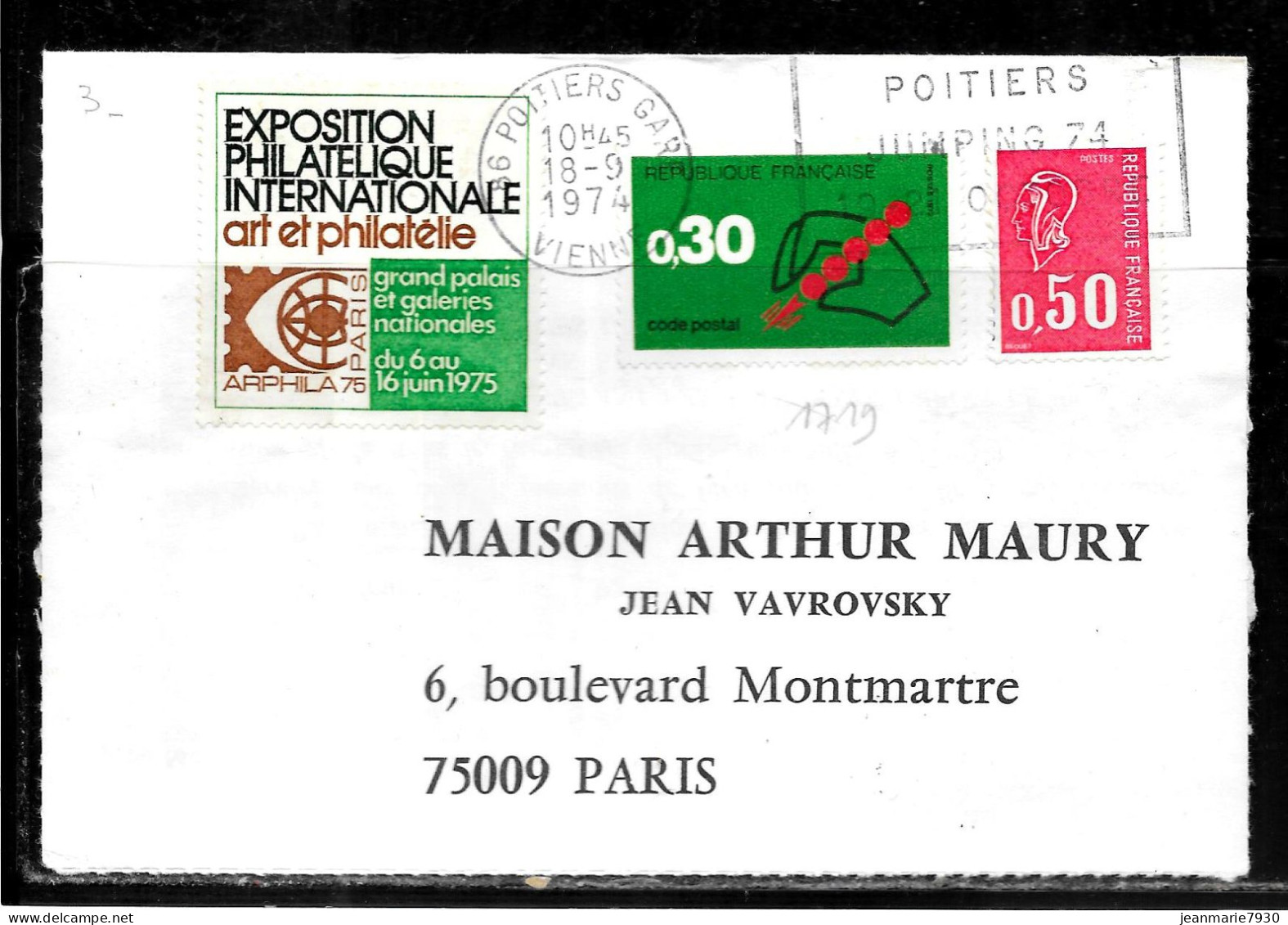 F263 - MARIANNE DE BECQUET Et N° 1719 SUR LETTRE DE POITIERS DU 18/09/74 - VIGNETTE ARPHILA 75 - Lettres & Documents