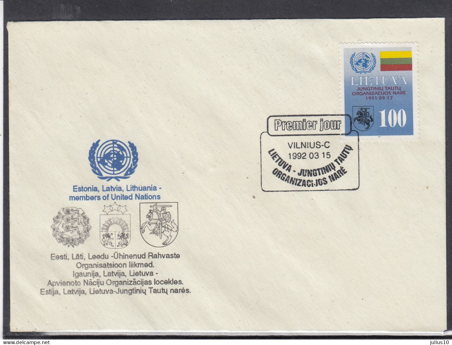 LITHUANIA 1992 United Nations Coat Of Arms FDC Mi 495 #LTV254 - Litauen