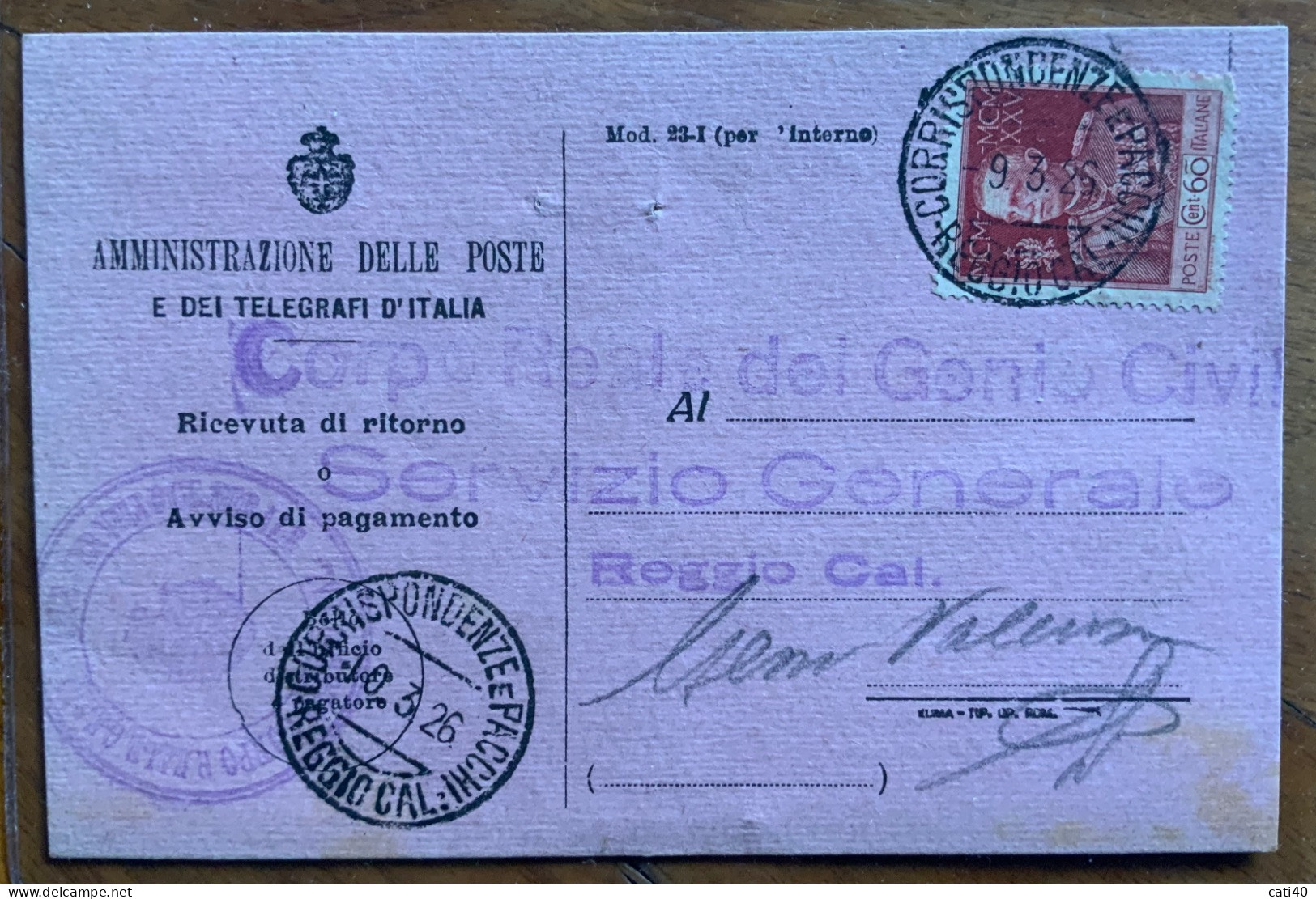 REGGIO CALABRIA - RICEVUTA DI RITORNO  Del 9/3/26 Con GIUBILEO 60 C. - Marcofilía