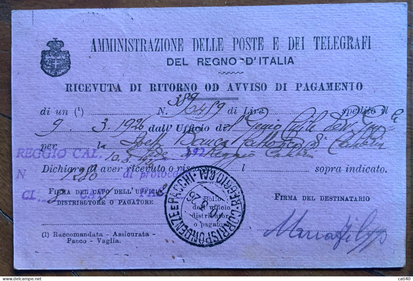 REGGIO CALABRIA - RICEVUTA DI RITORNO  Del 9/3/26 Con GIUBILEO 60 C. - Marcofilía