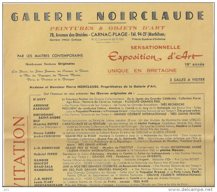 CARNAC AFFICHE INVITATION GALERIE DE PEINTURE  NOIRCLAUDE ANNEE 1971 DIMENTIONS 24.5 X 31 AVEC LE NOM DES PEINTRES - Otros & Sin Clasificación