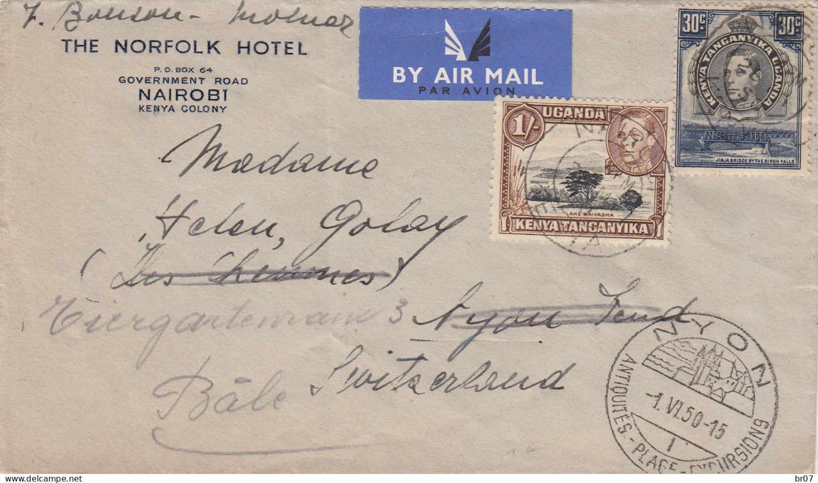 KENYA ENV 1950 NAIROBI LETTRE AVION => SUISSE REEXPEDITION DE NYON ANTIQUITES PLAGE EXCURSIONS - Kenya, Oeganda & Tanganyika
