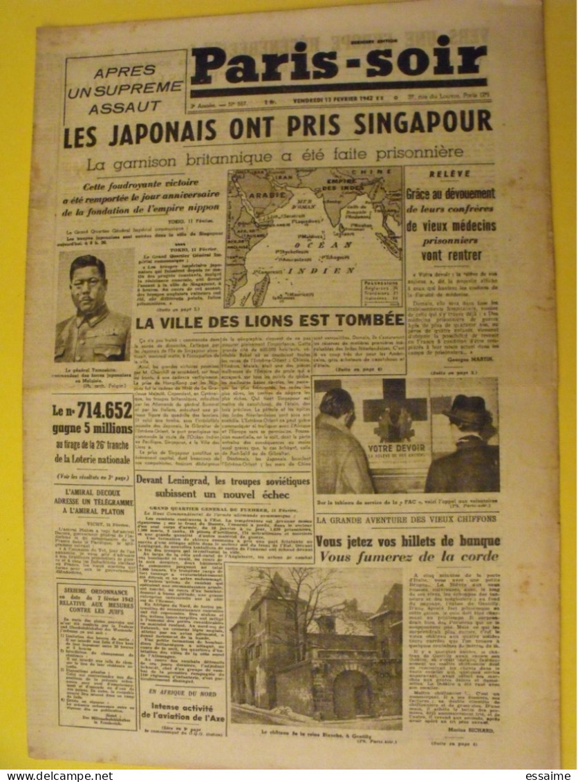 Paris-Soir N° ,557 Du 13 Février 1942. Japon Singapour Leningrad Boxe Pétain Yamashita La Relève Collaboration - War 1939-45