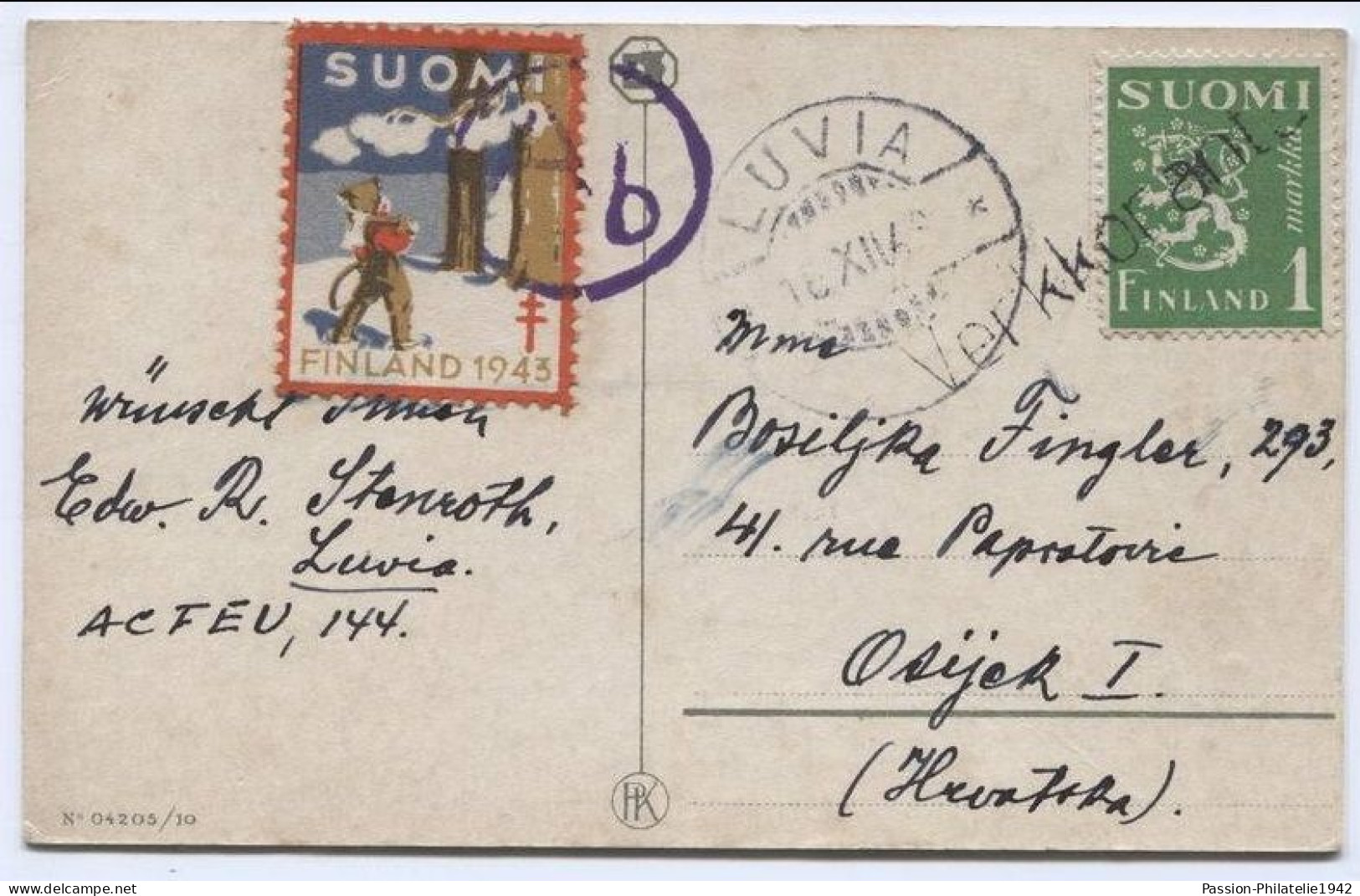 FINLAND, Suomi - Luvia, 1943. Postal Stationery To Croatia, Smaller Format - Ganzsachen