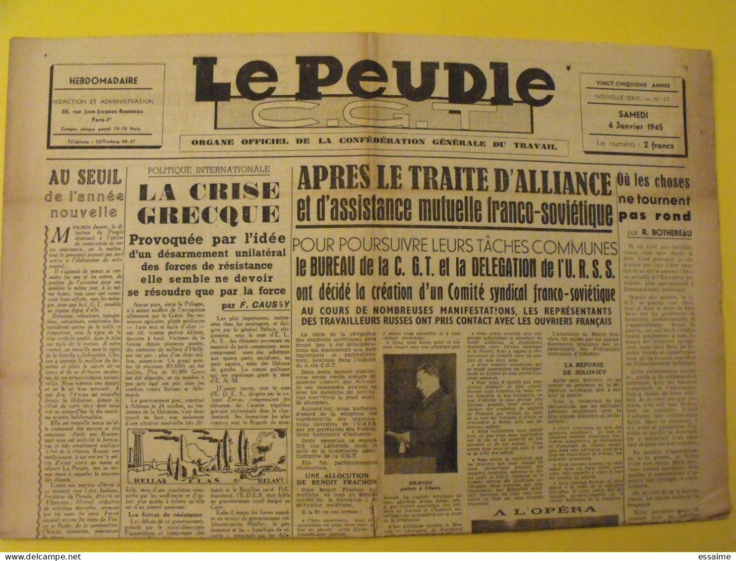 Le Peuple CGT N° 17 Du 6 Janvier 1945 Grèce  De Gaulle Attaque Allemande Dans Les Ardennes - Guerra 1939-45