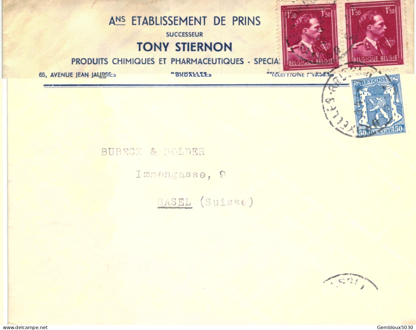 (01) Belgique N° 2 X 691 + 426 Sur Enveloppe écrite De Bruxelles Vers Basel Suisse - 1936-1957 Offener Kragen