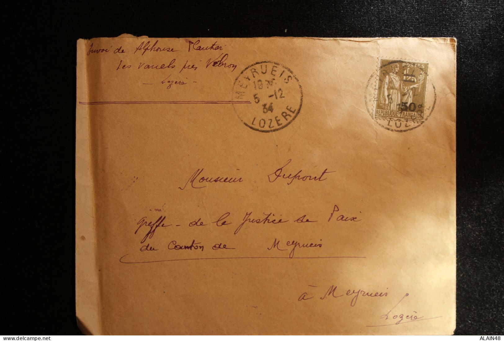 FRANCE LETTRE DE MEYRUEIS (LOZERE) DU 05.12.1934 AVEC N°298 50c S.1f.25 OLIVE PAIX SURCHARGE SEUL - Lettres & Documents