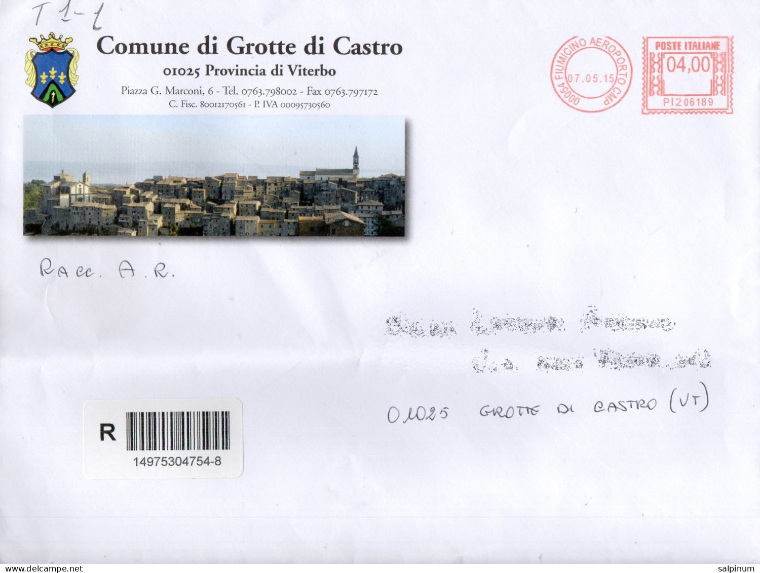 Stemma Comune Di Grotte Di Castro (Provincia Di Viterbo) Su Bustone Tipo 1 Anno 2015 - Enveloppes