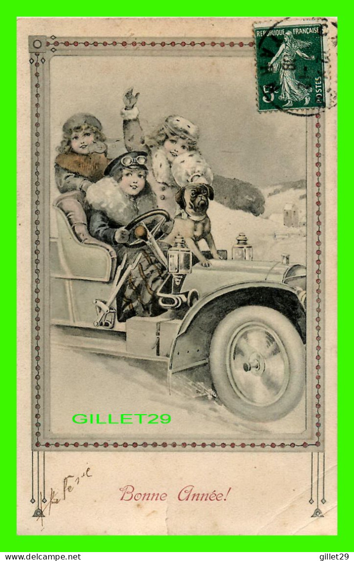 ENFANT - JEUNE FILLES EN VOITURE AVEC LE CHIEN - BONNE ANNÉE - CIRCULÉE EN 1908 - - Ritratti