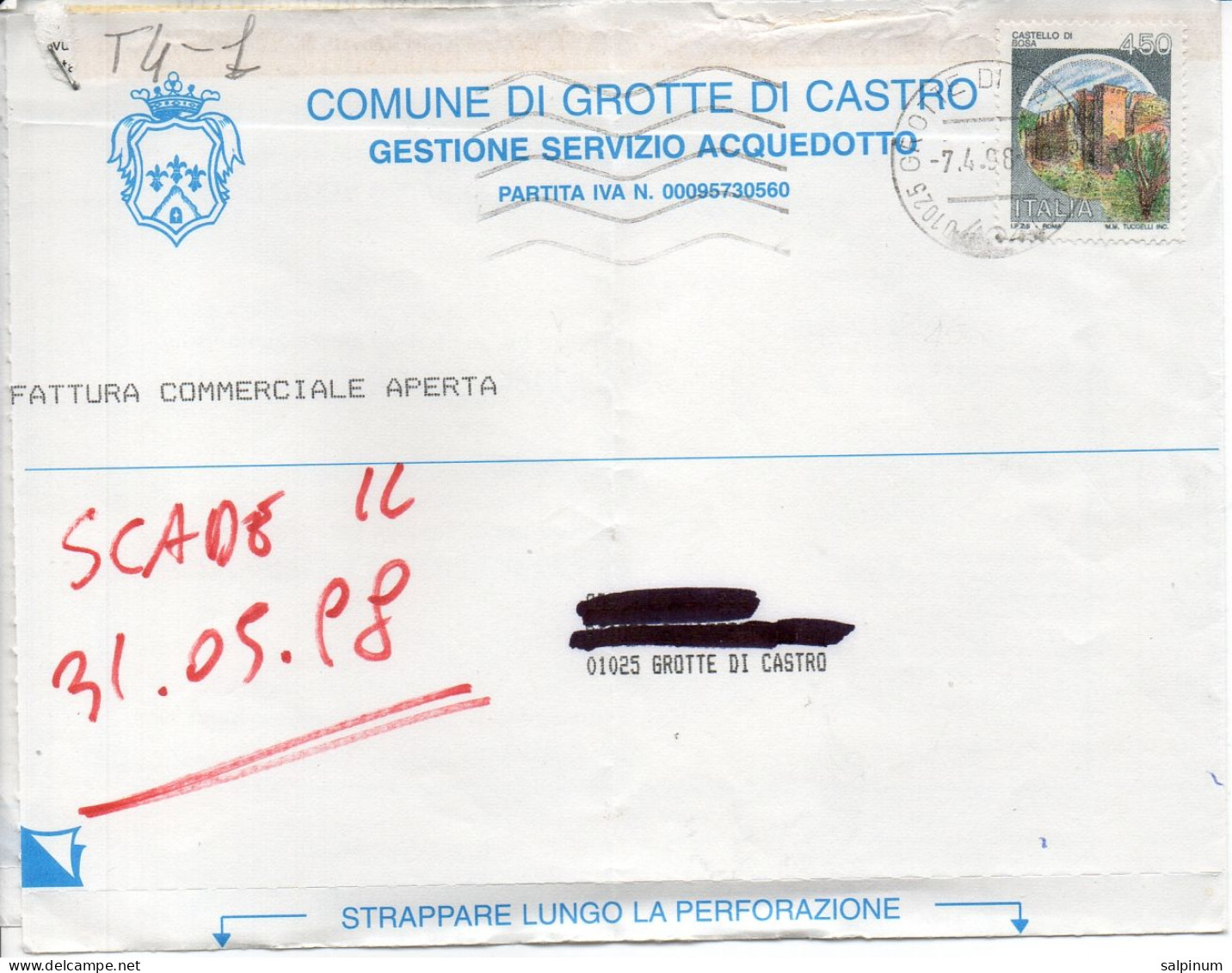Stemma Comune Di Grotte Di Castro (Provincia Di Viterbo) Su Busta Tipo 4 Anno 1998 - Briefe U. Dokumente