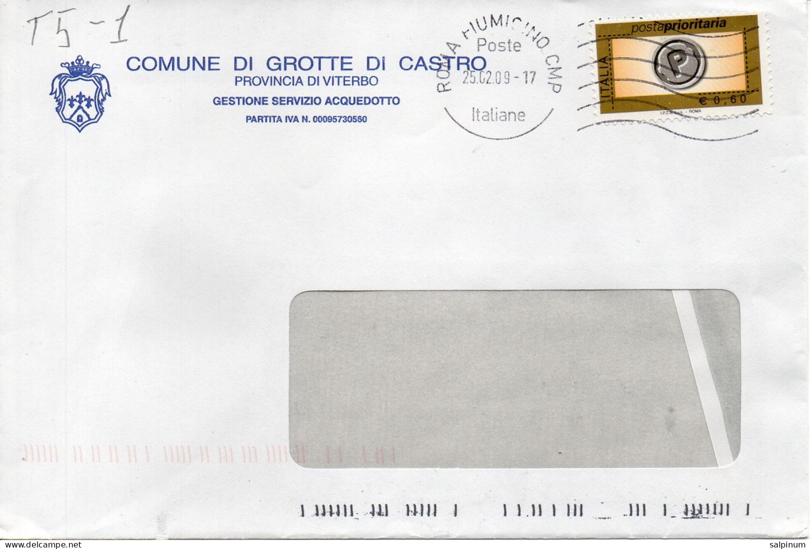 Stemma Comune Di Grotte Di Castro (Provincia Di Viterbo) Su Busta Tipo 5 Anno 2009 - Enveloppes