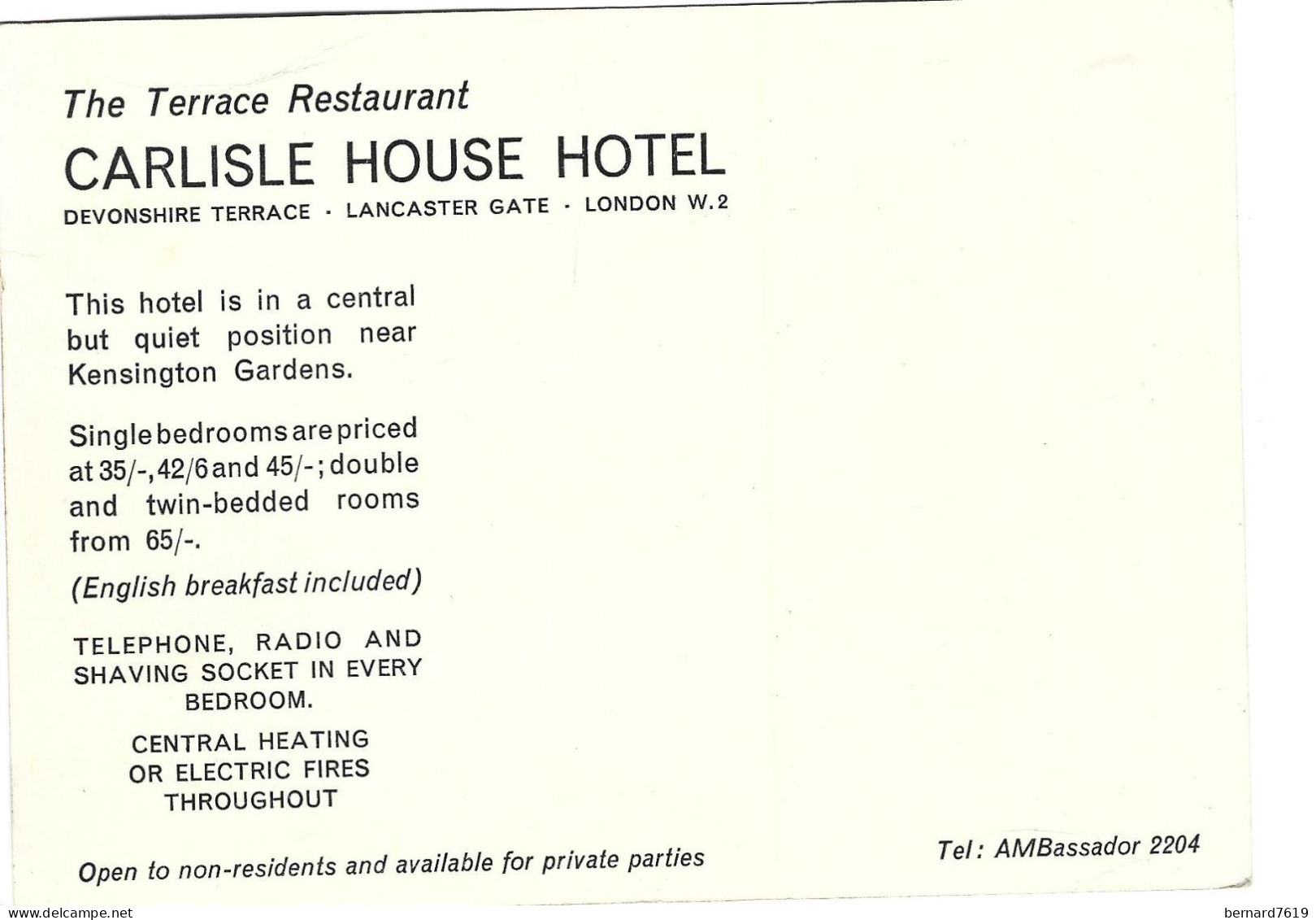 Royaume Uni -  Carlile House  Hotel  -  Devonshire Terrace - Lancaster Gate - London - Kensington Gardens - Derbyshire