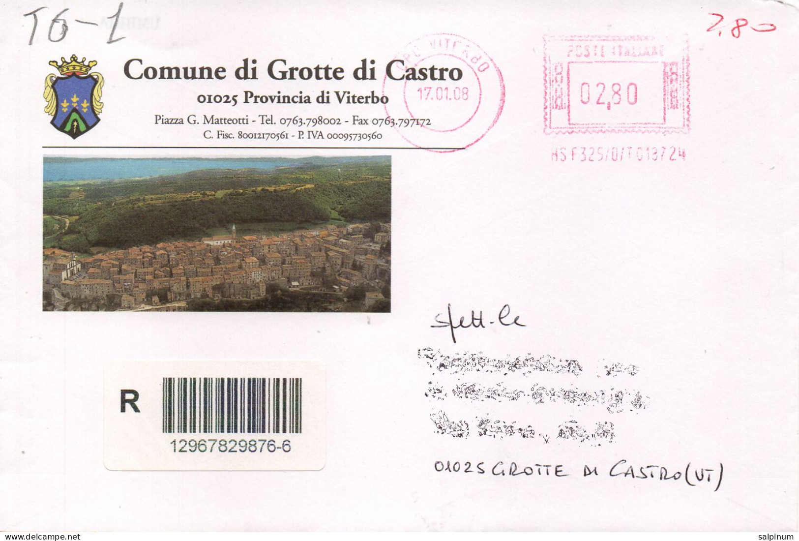 Stemma Comune Di Grotte Di Castro (Provincia Di Viterbo) Su Busta Tipo 6 Anno 2008 - Briefe U. Dokumente