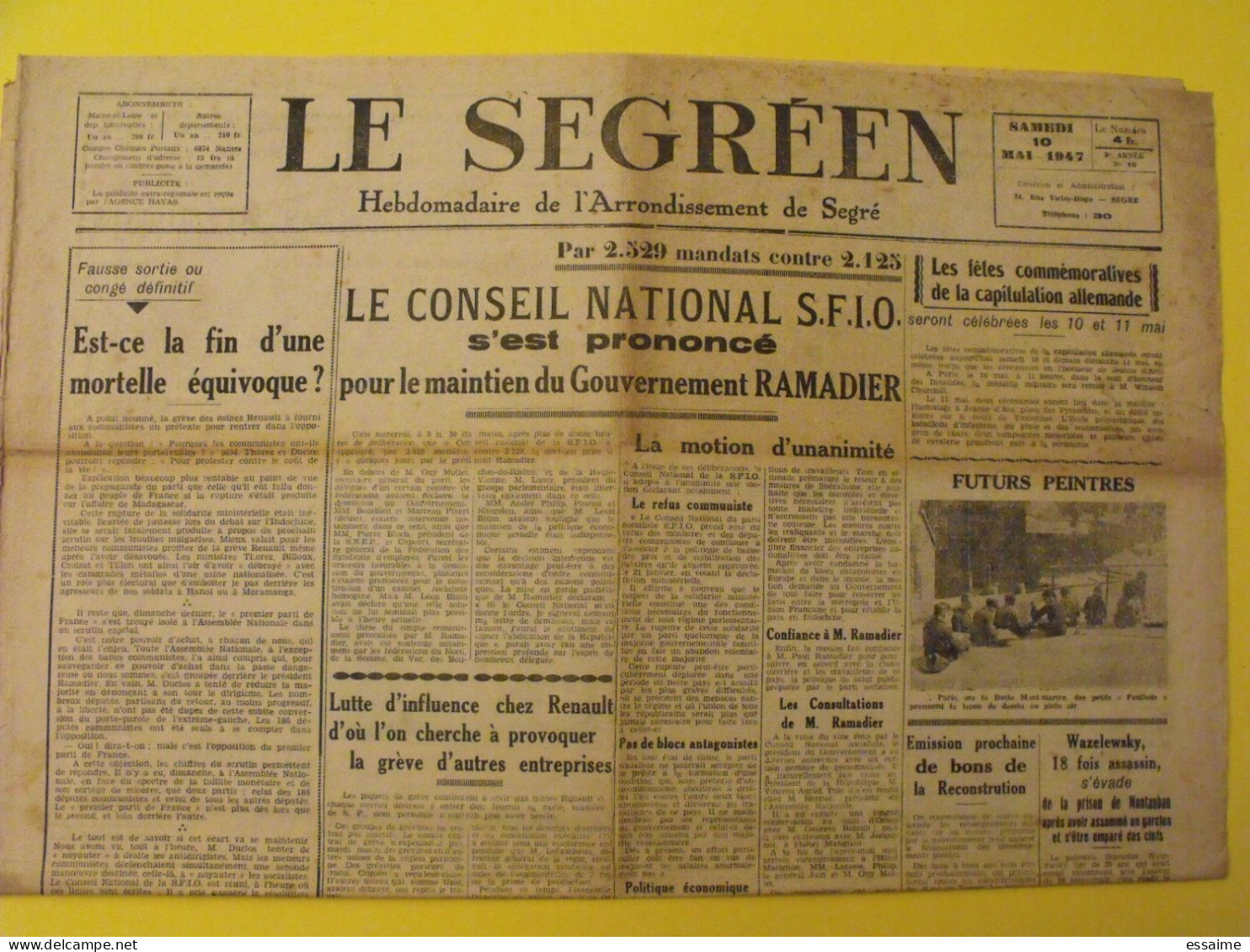 Le Segréen. N° 19 Du 10 Mai 1947. Angers Segré 49. Ramadier SFIO Renault - Pays De Loire