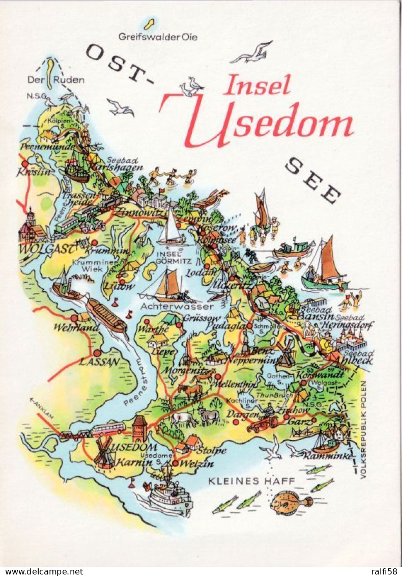 1 Map Of Germany * 1 Ansichtskarte Mit Der Landkarte - Insel Usedom - Karte Aus DDR Produktion * - Landkarten