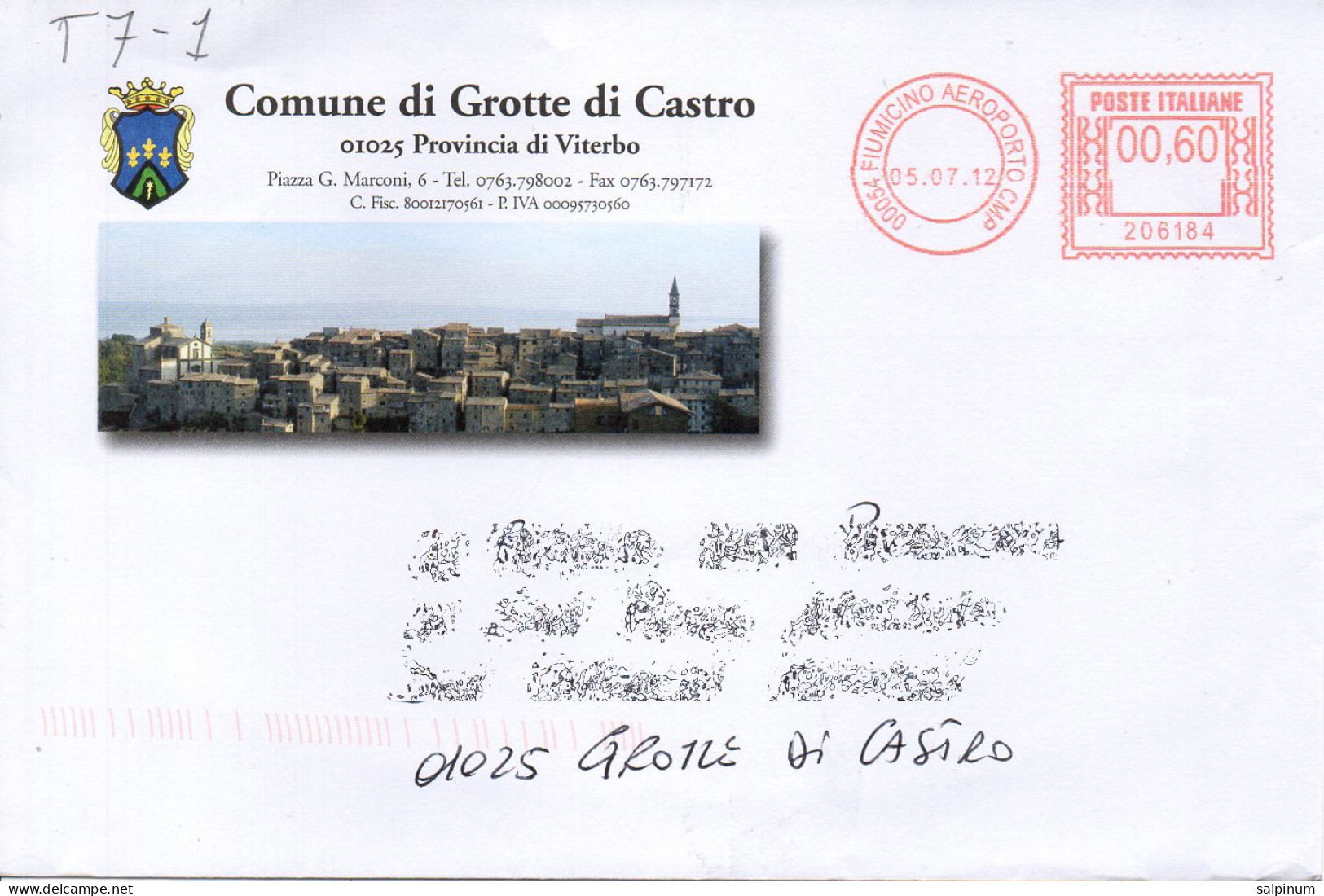 Stemma Comune Di Grotte Di Castro (Provincia Di Viterbo) Su Busta Tipo 7 Anno 2012 - Briefe U. Dokumente