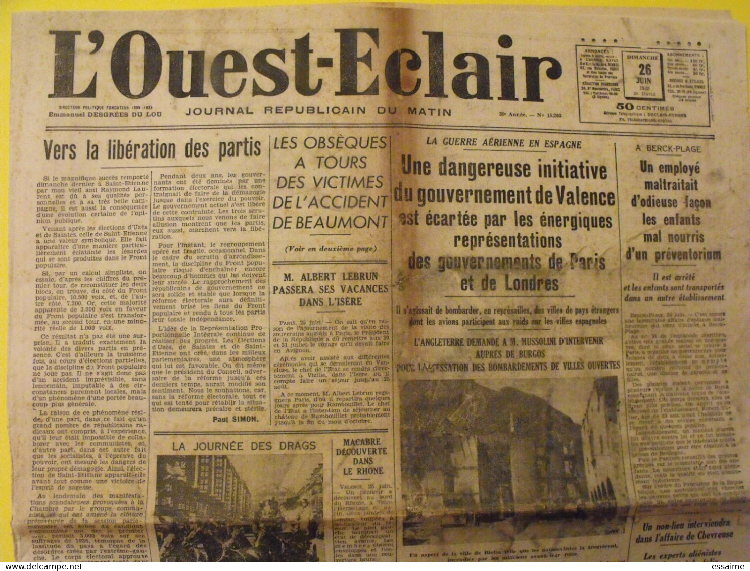 L'Ouest Eclair. Du 26 Juin 1938. Desgrées Du Lou Lebrun Valence Espagne  Bonnet Hippisme - Pays De Loire