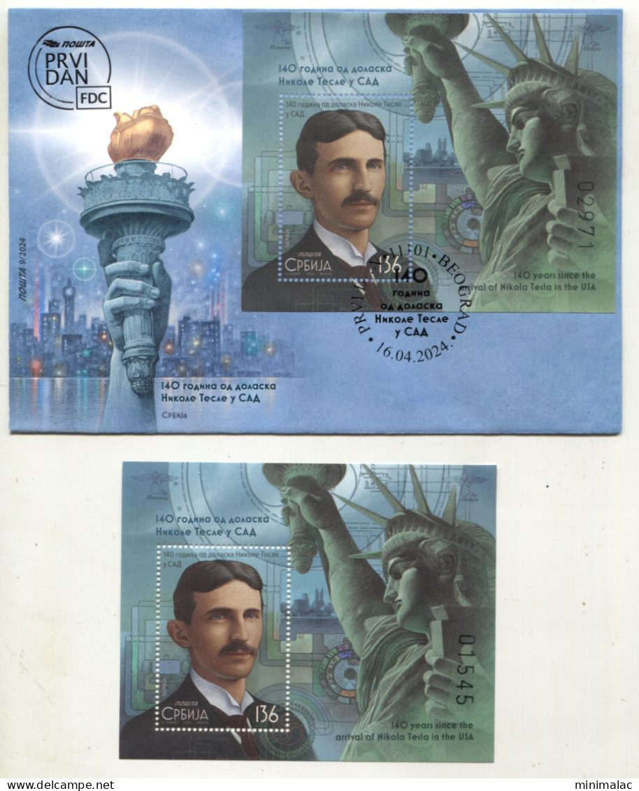 Serbia 2024. 140 Years Since The Arrival Of Nikola Tesla In The USA,  Nikola Tesla, Statue Of Liberty, FDC + Block, MNH - Serbia