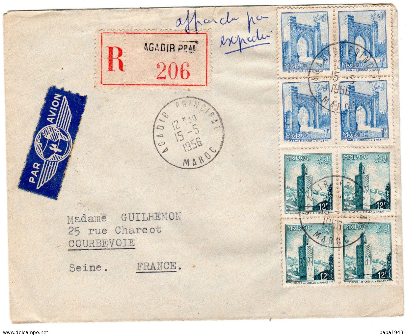 1956  Recommandé AGADIR Ppal  Envoyée à COURBEVOIE - Covers & Documents