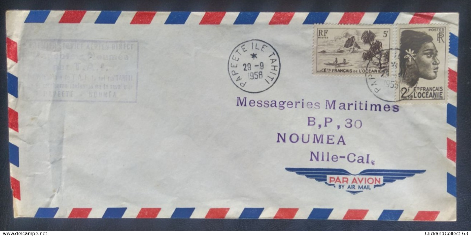 Enveloppe Océanie 1958 Lettre Obl Papeete Annexe N°1 Aerogare 1er Service Aerien Par T.A.I Pour Noumea - Altri - Oceania