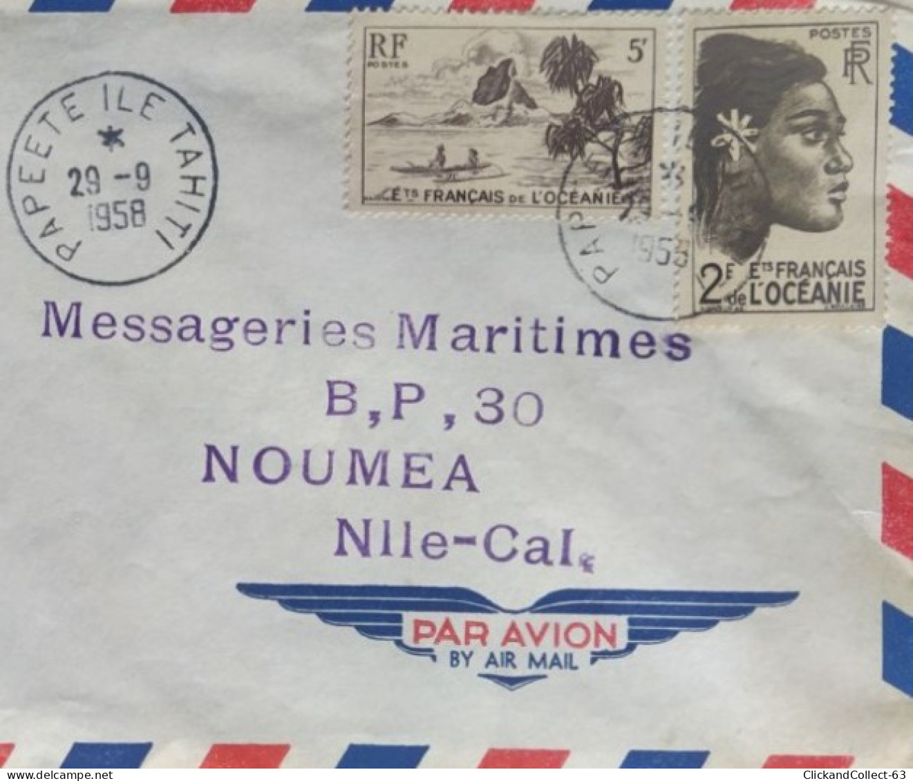 Enveloppe Océanie 1958 Lettre Obl Papeete Annexe N°1 Aerogare 1er Service Aerien Par T.A.I Pour Noumea - Andere-Oceanië