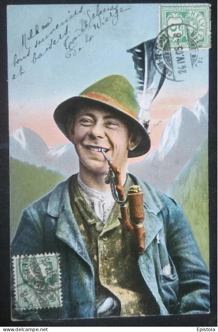 ► Cpa Couleur Homme Fumeur De Pipe  Suisse 1905 - Otros & Sin Clasificación