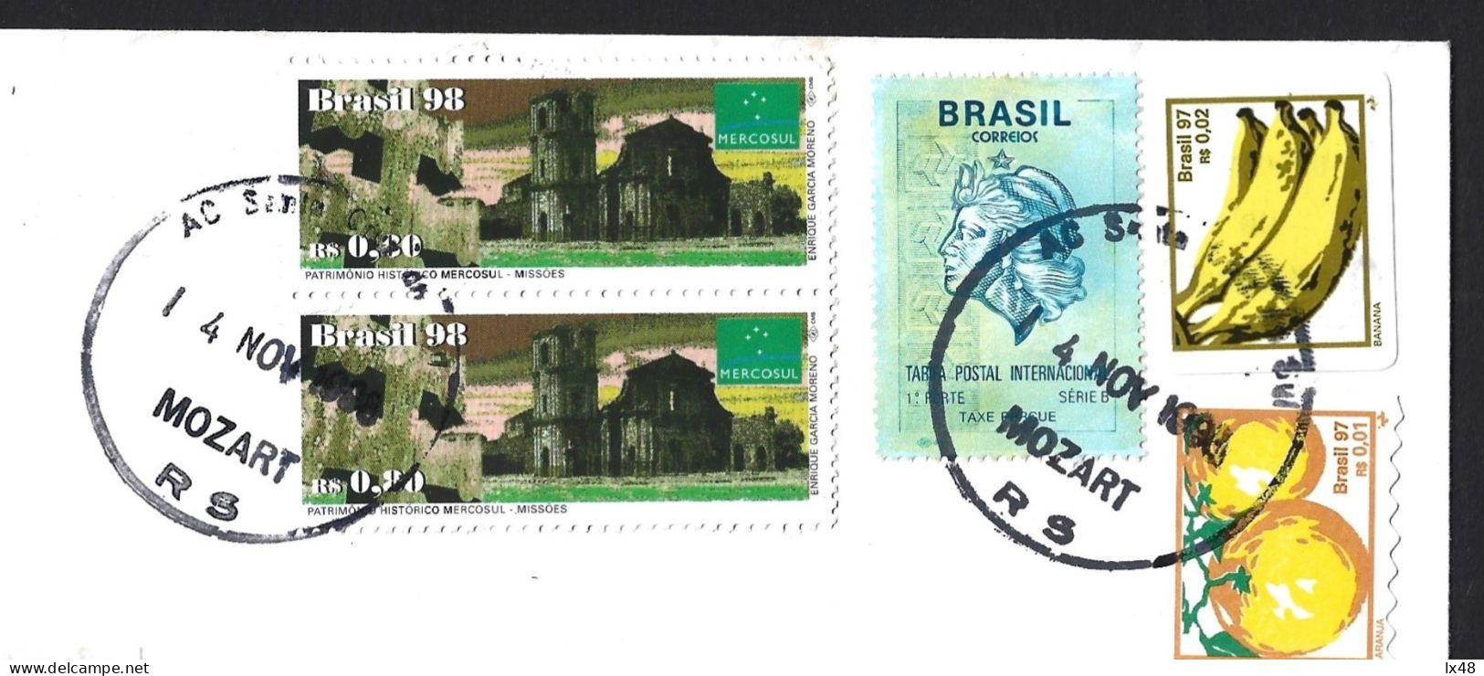 Letter Registered In Mozart, Brazil. Stamps Missões, Mercosul. Bananas, Oranges Labels.Carta Registada Em Mozart, Brasil - Lettres & Documents