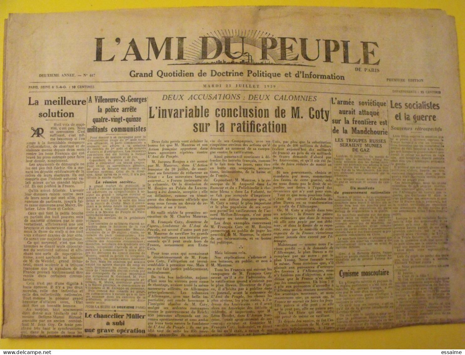 L'Ami Du Peuple. N° 447 Du 23 Juillet 1929. Coty Mandchourie Japon Socialistes Guerre Müller Poincaré Gerbault - Other & Unclassified