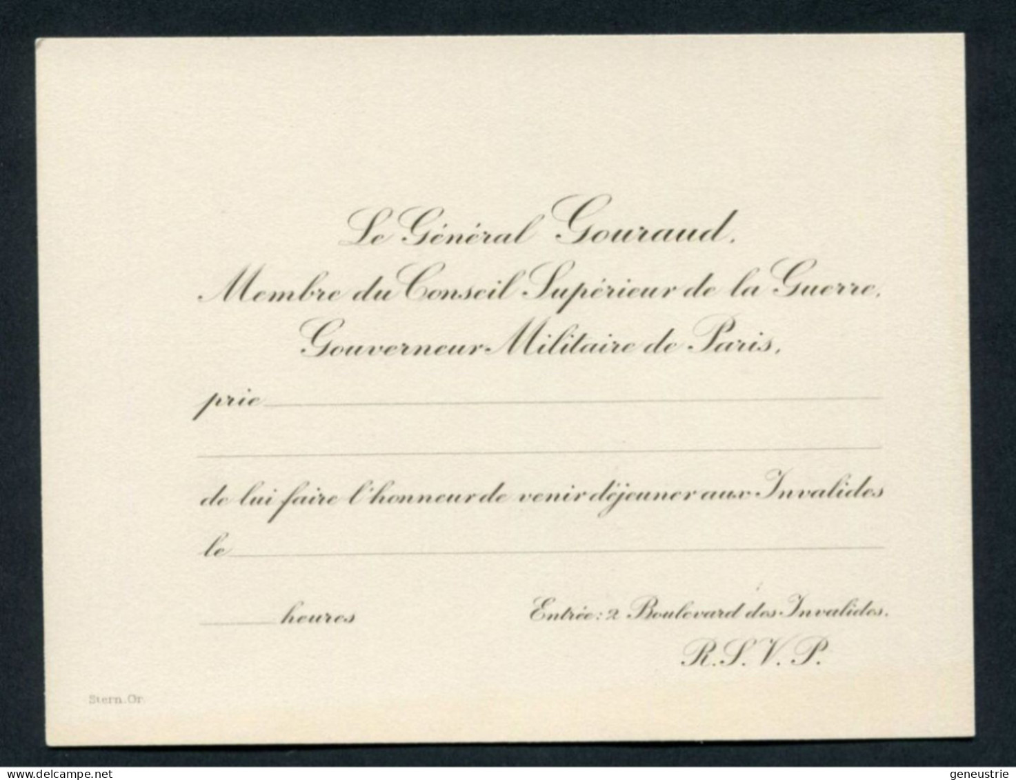 WWI Rare Carte - Invitation à Déjeuner Aux Invalides Par Le Général Gouraud - Graveur: Stern WW1 - Documentos