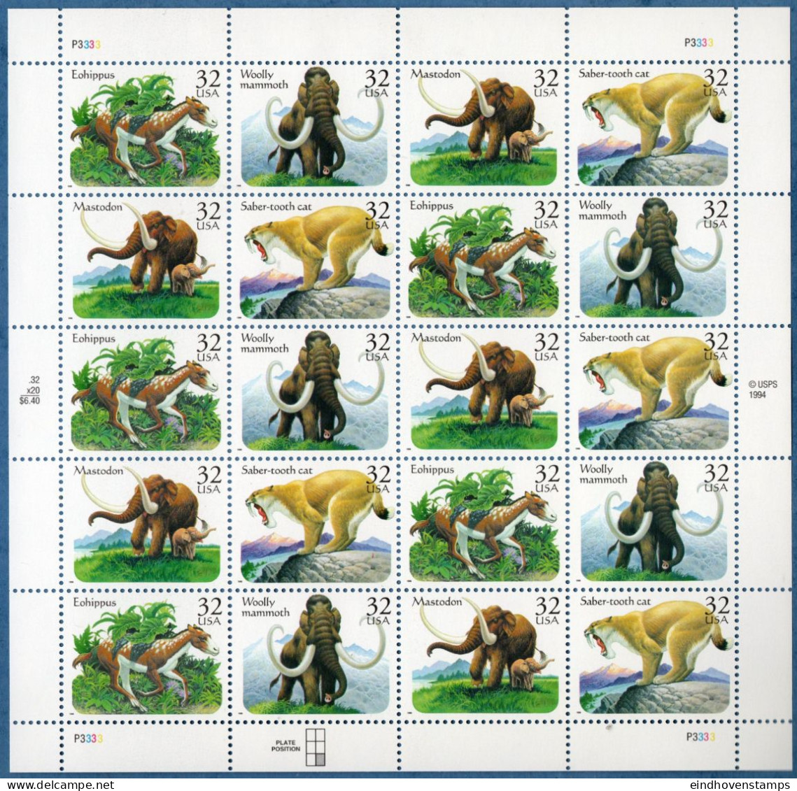 USA 1997 Pre History Animals Sheet MNH, Eohippus, WoollyMammouth, Mastodon, Saber-tooth Cat - Prehistory