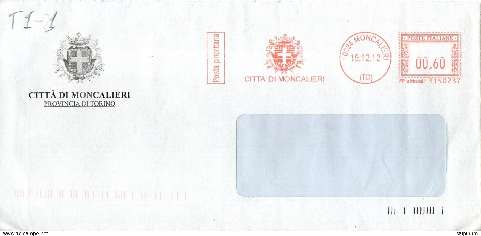 Stemma Comune Di Moncalieri (Provincia Di Torino) Su Busta Tipo 1 Anno 2012 - Enveloppes