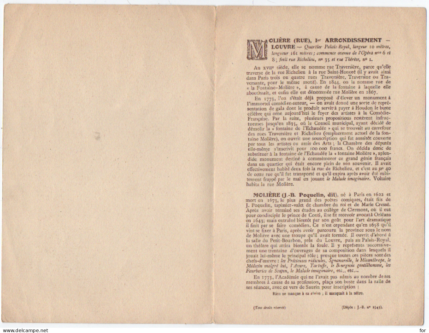 Chromo : Au Bon Marché : Chromo Double : Histoire Des Rues Da Paris - MOLIERE : - Au Bon Marché