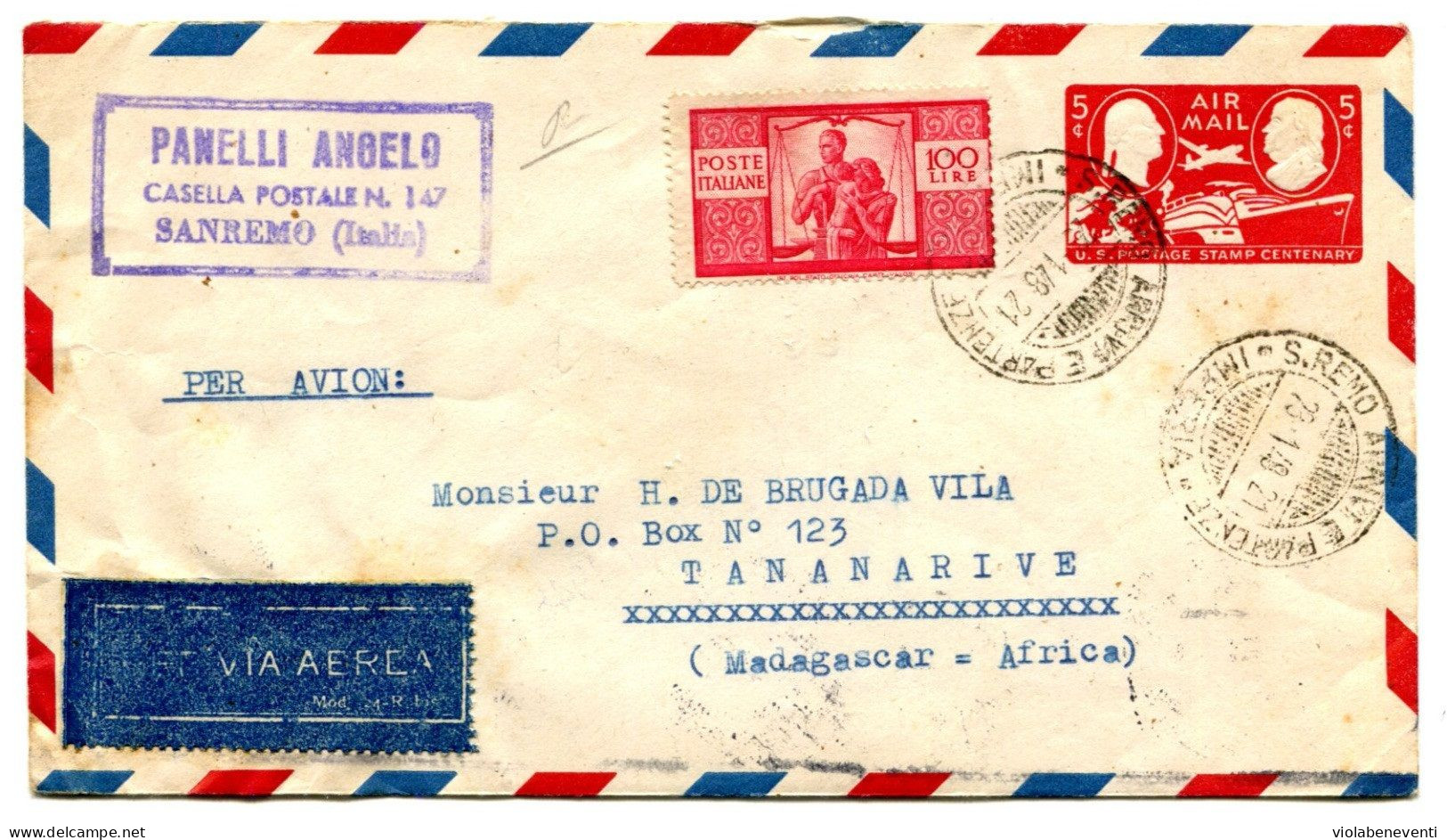 RC 25762 USA INTERO 5c + 100 LIRE ITALIA SU LETTERA DA SANREMO AL MADAGASCAR - 1946-60: Marcophilia
