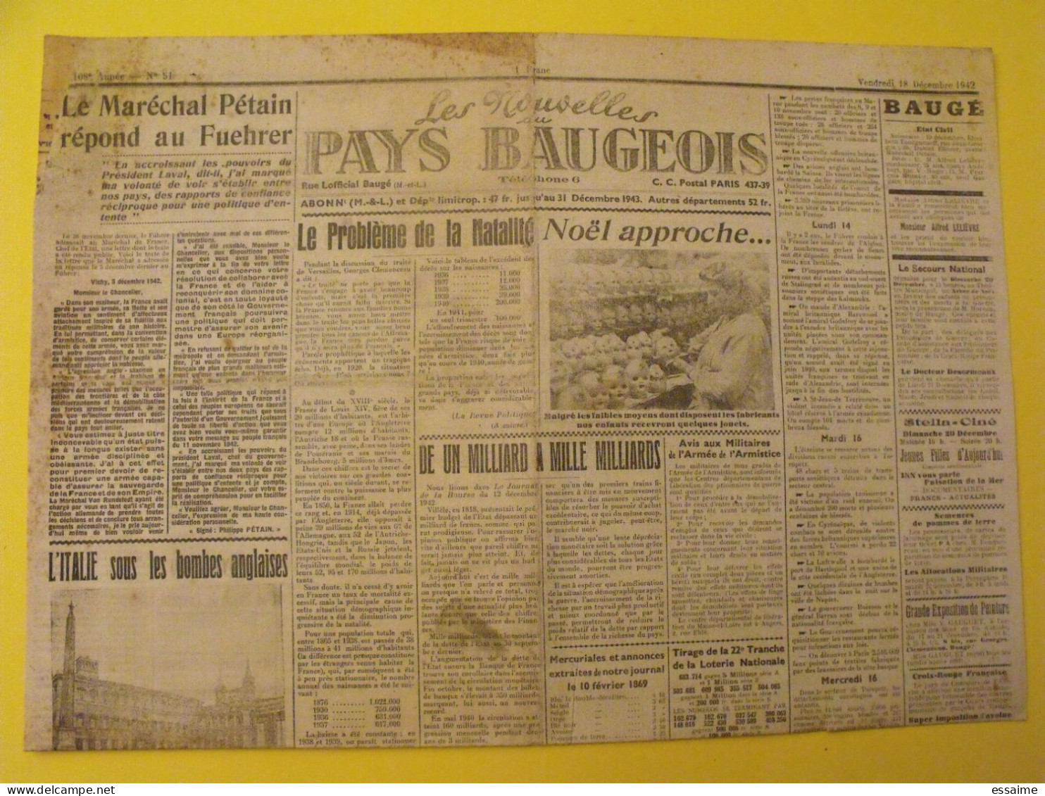 Les Nouvelles Du Pays Baugeois N° 51 Du 18 Décembre 1942. Baugé  Pétain Collaboration Laval Beaufort Noyant Durtal - Weltkrieg 1939-45