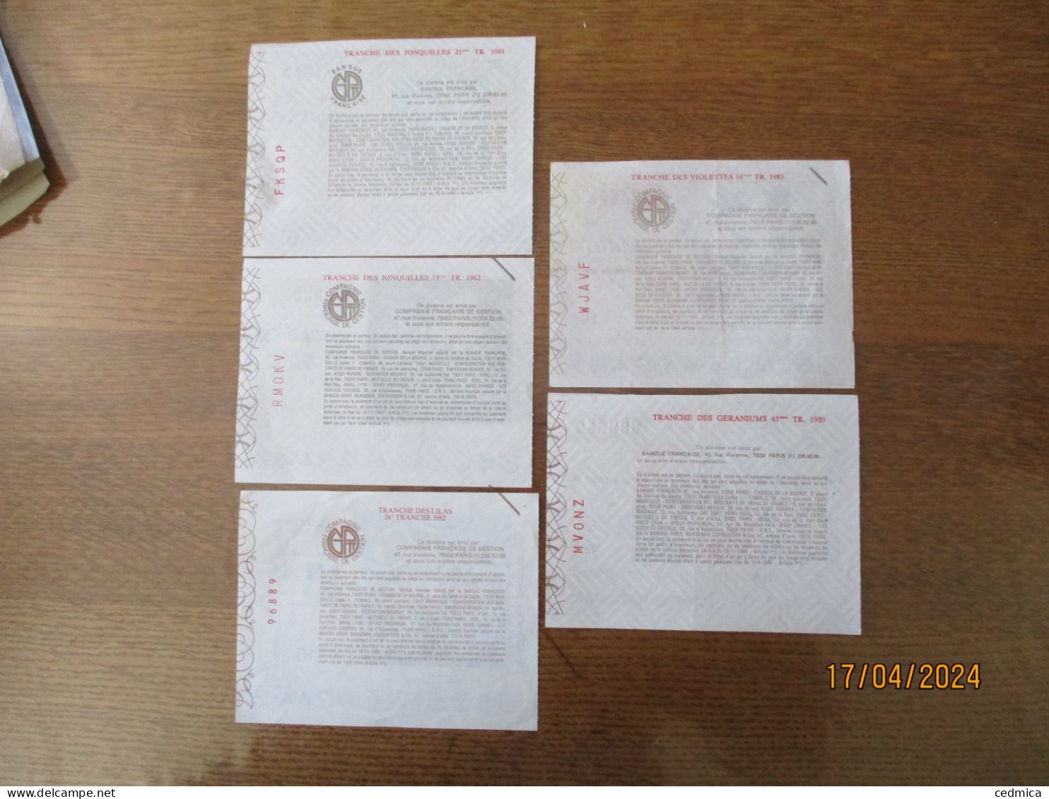 5 BILLETS DE LOTERIE TRANCHE DES JONQUILLES,DU LILAS,DES VIOLETTES ET DES GERANIUMS 1980,1981,1982 ET 1983 - Billets De Loterie