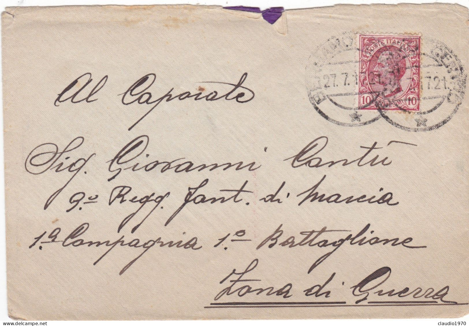 ITALIA - REGNO - POSTA MILITARE - BERGAMO - BUSTA - VIAGGIATA PER  9° REGG. FANT. DI MARCIA 19 COMP- ZONA DI GUERRA 1917 - Militaire Post (PM)