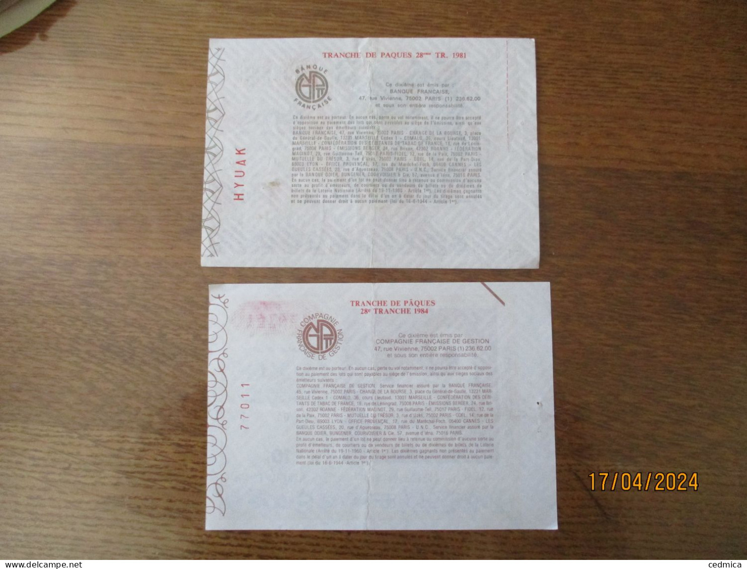 2 BILLETS DE LOTERIE TRANCHE DE PACQUES 23 AVRIL 1981 ET 25 AVRIL 1984 - Lottery Tickets