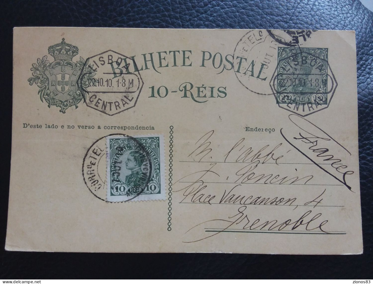 Bilhete Postal 10 Reis Et Timbre Manuel 10 Reiss Lisbonne à Grenoble 1910 - Storia Postale