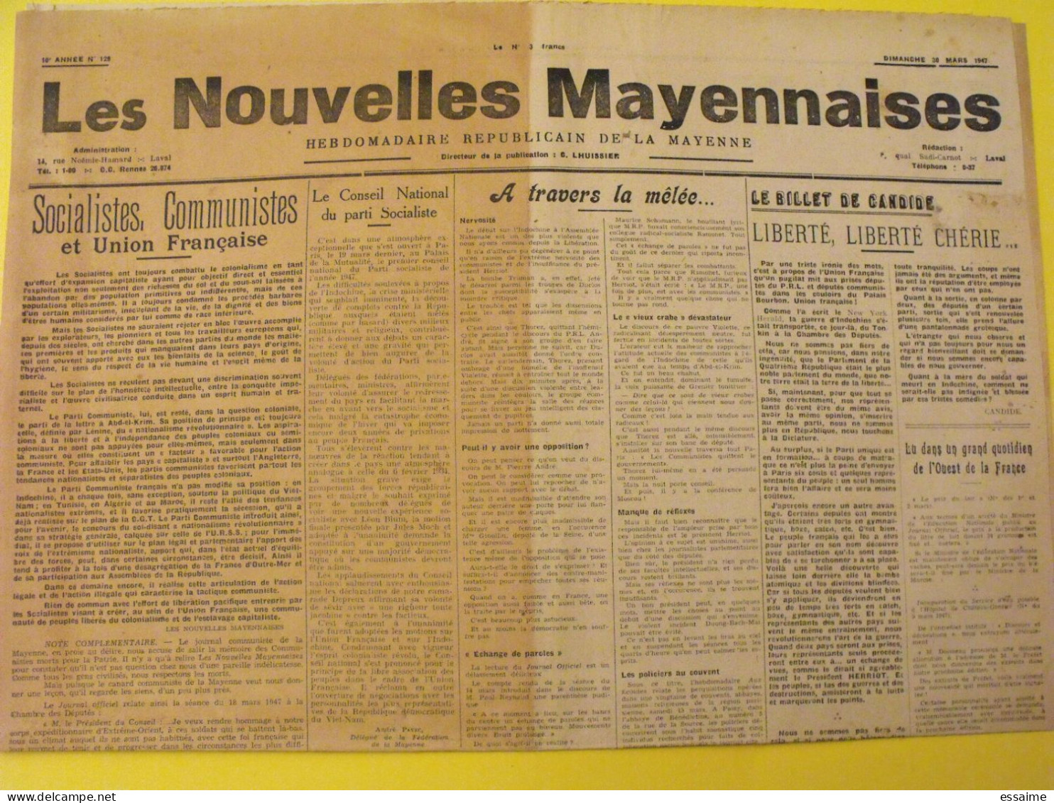 Les Nouvelles Mayennaises N° 129 Du 30 Mars 1947. Mayenne Laval Lhuissier Socialistes - Pays De Loire