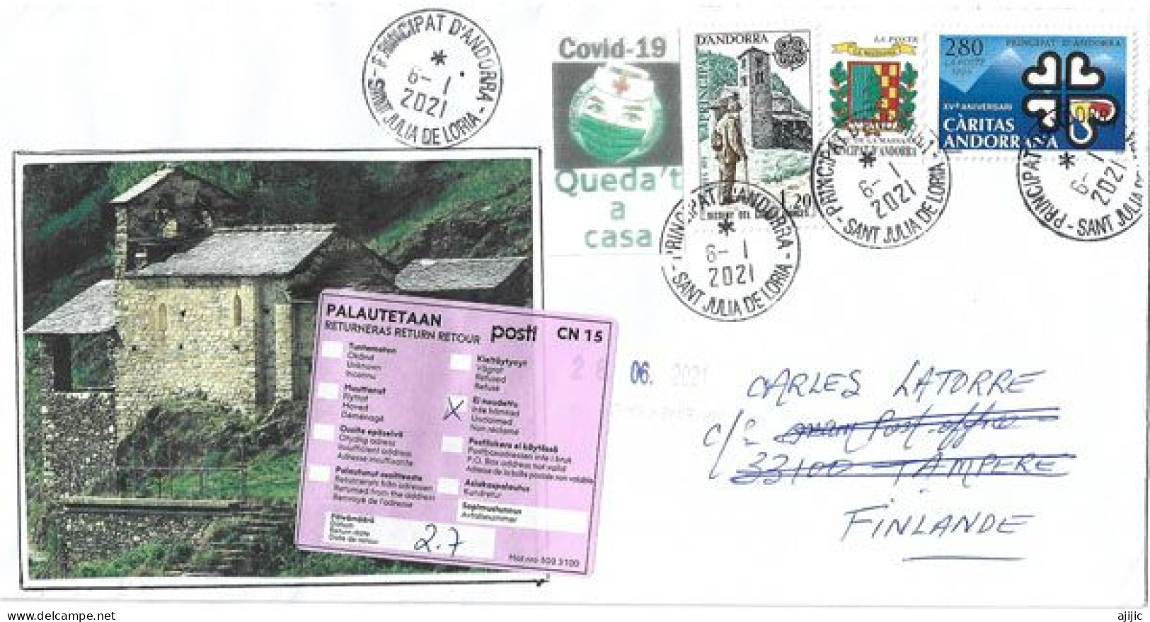 Letter To Tampere,Finland, During COVID-19 Confinement, From Andorra, Return To Sender .  2 Pics  Front & Back Cover - Storia Postale