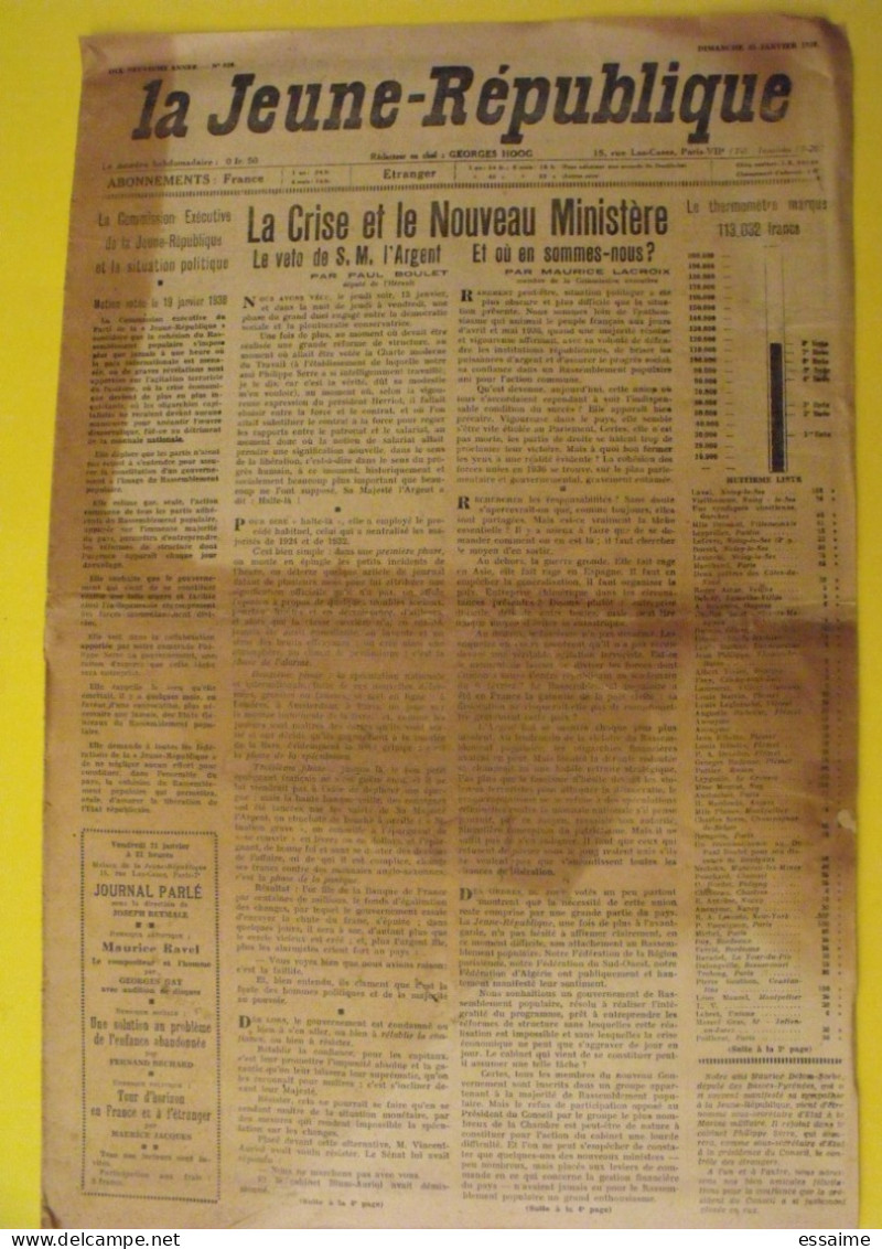 La Jeune République N° 920 Du 23 Janvier 1938. Hoog. Espagne Crise Boulet Lacroix - Other & Unclassified