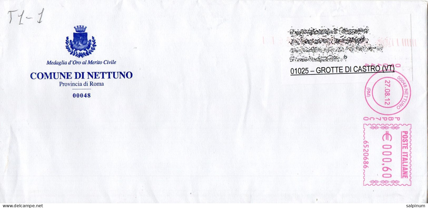 Stemma Comune Di Nettuno (Provincia Di Roma) Su Busta Tipo 1 Anno 2012 - Covers